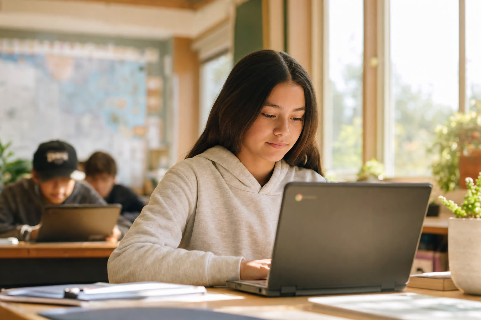 A bright modern classroom with students and a teacher working together at laptops