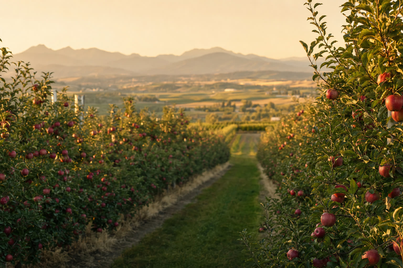 Apple orchard rows beneath the snow-dusted Cascade foothills near Wenatchee at golden hour