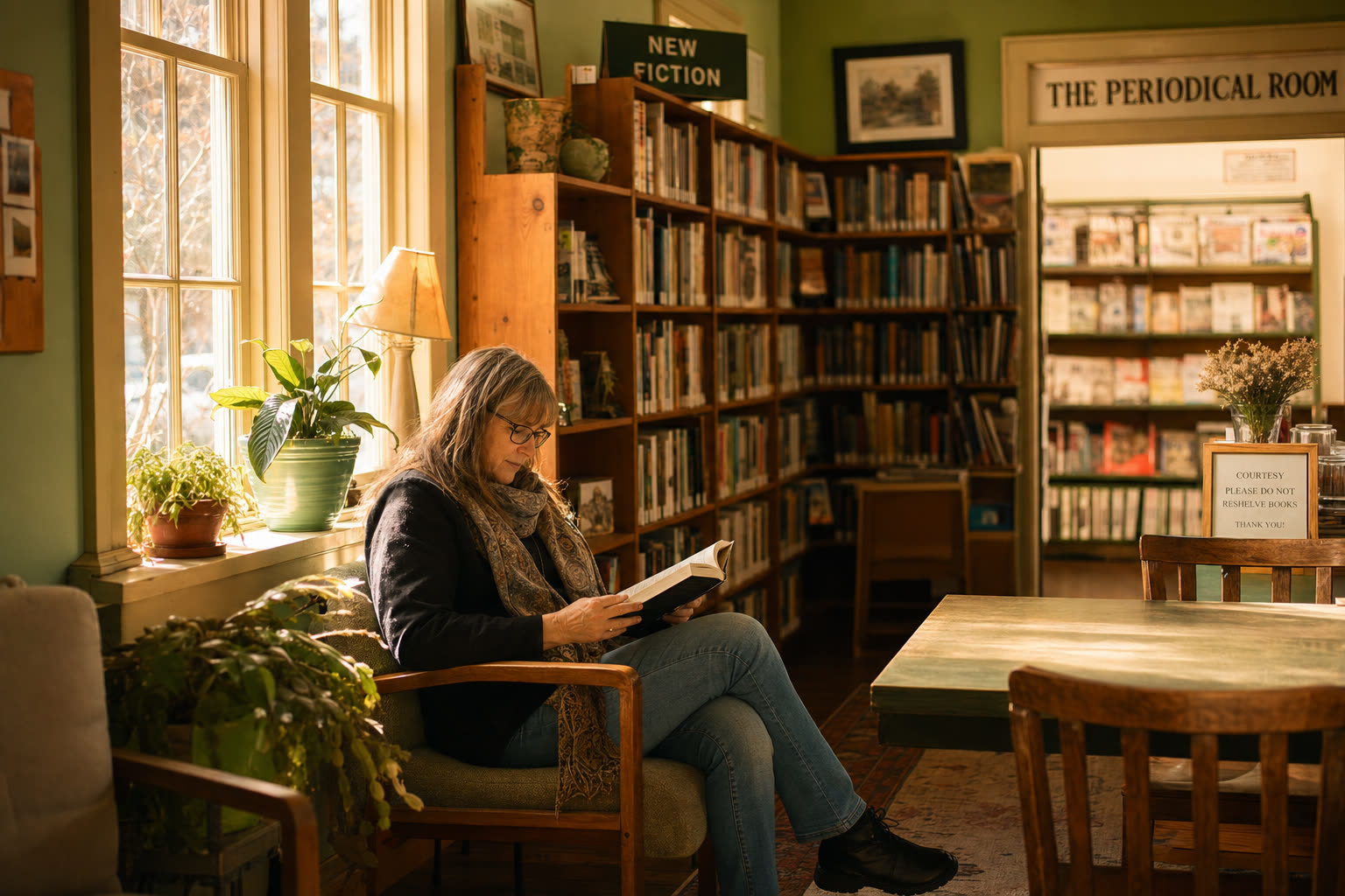 A quiet community library reading room in warm light