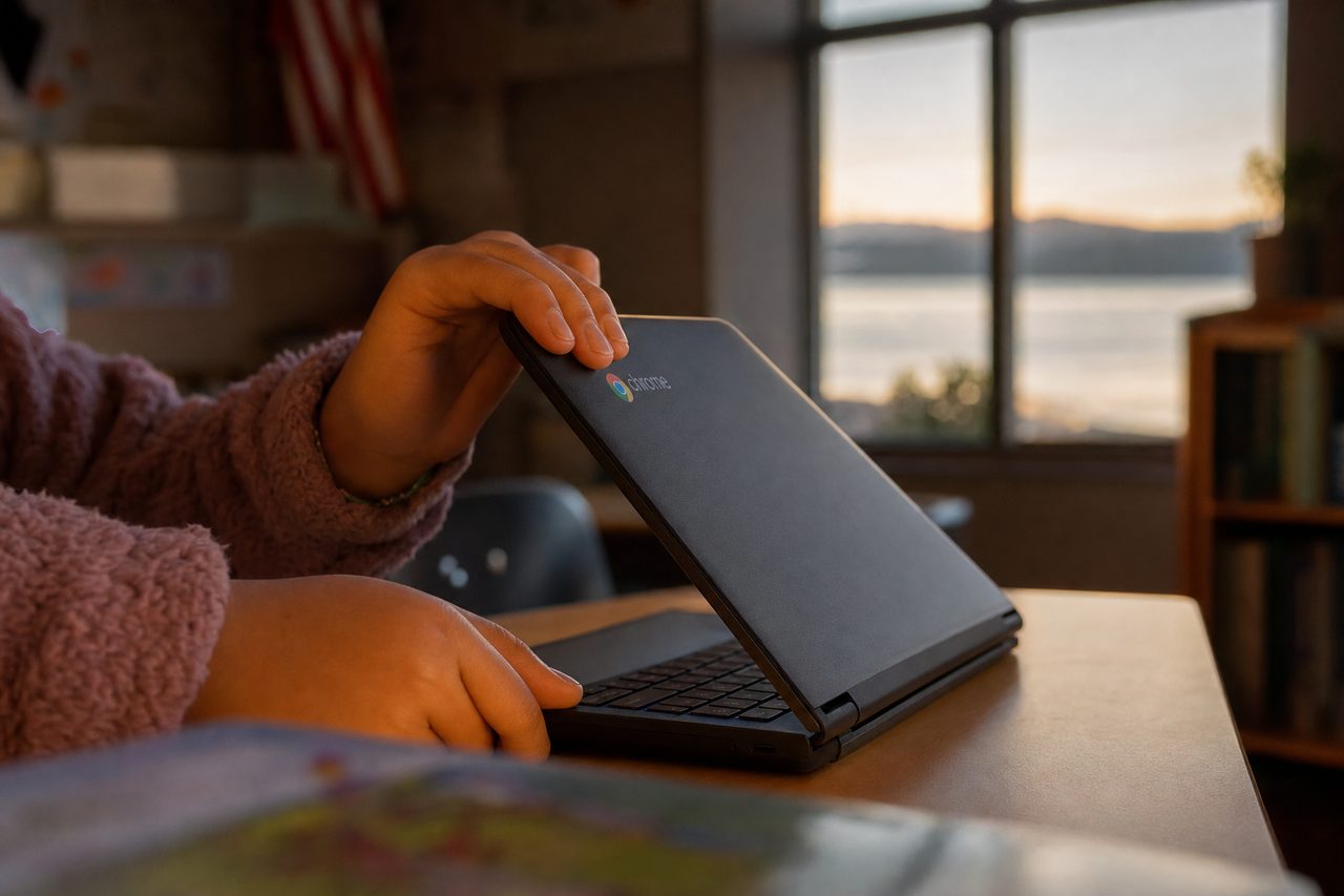 Maria opens her Chromebook at dawn