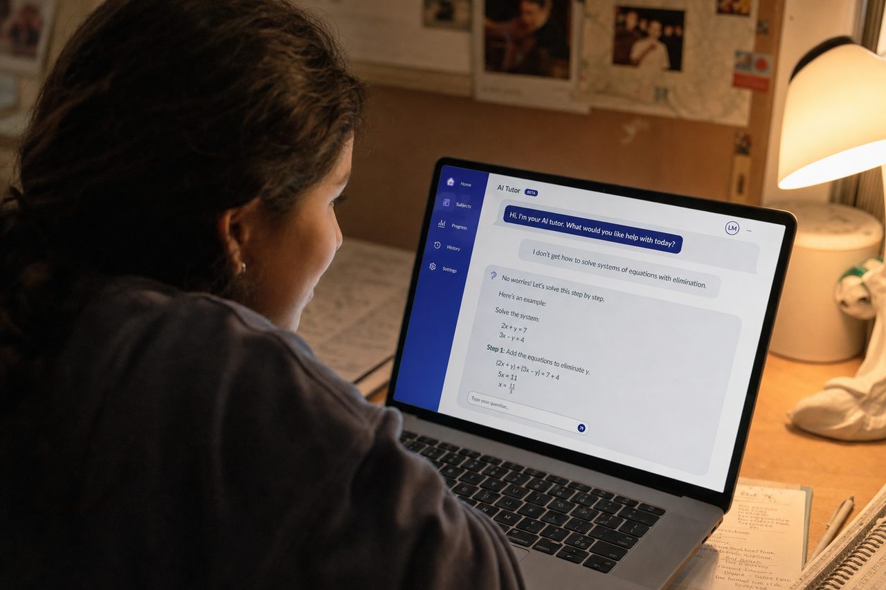 Maria leaning into her AI tutor