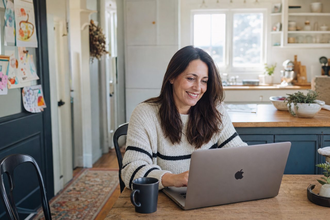 Teacher on a Sunday morning, coffee, laptop
