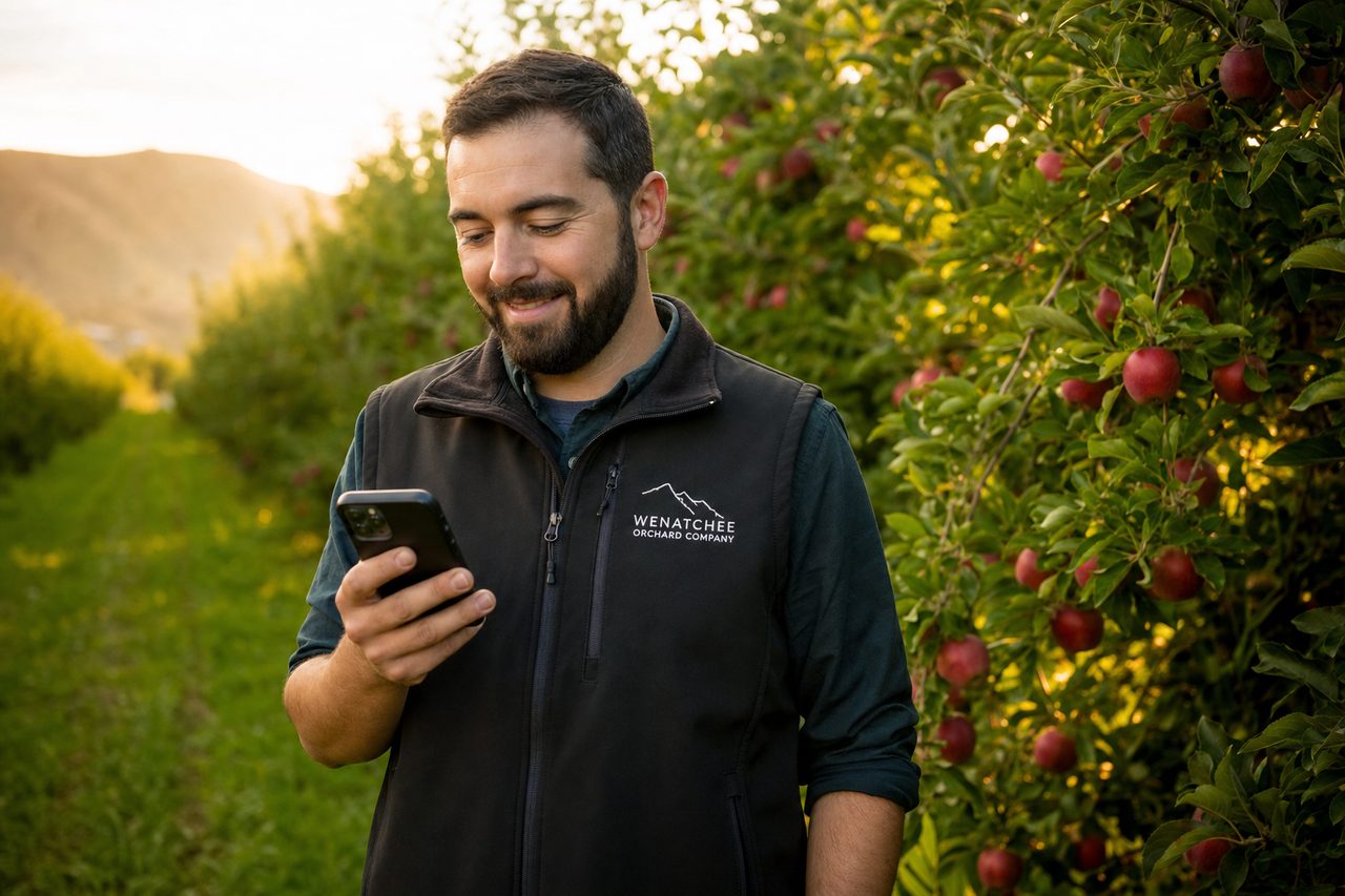 Orchard small business owner reading email on phone