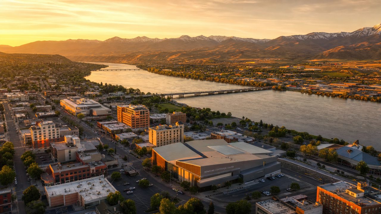 Aerial of Wenatchee at golden hour