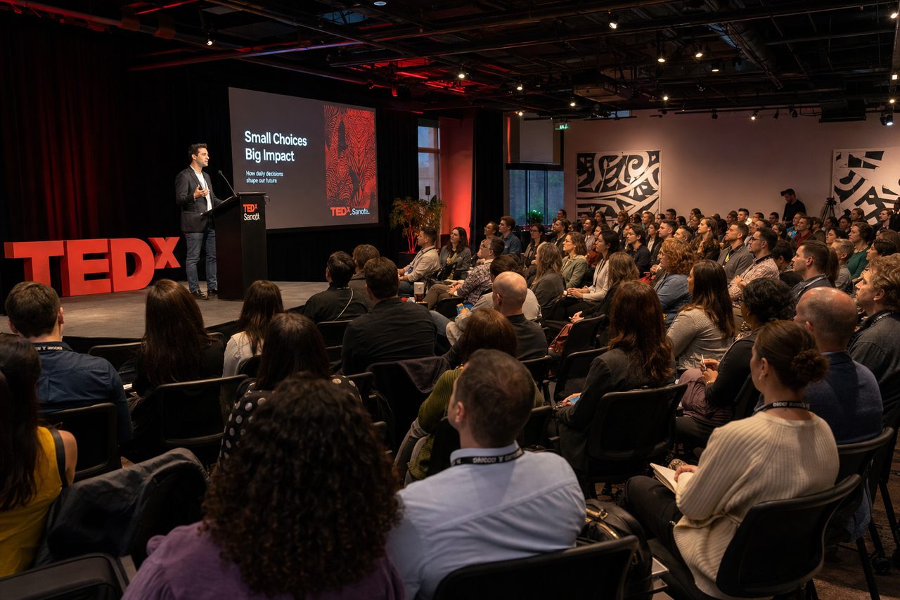 Presenter at a packed conference podium